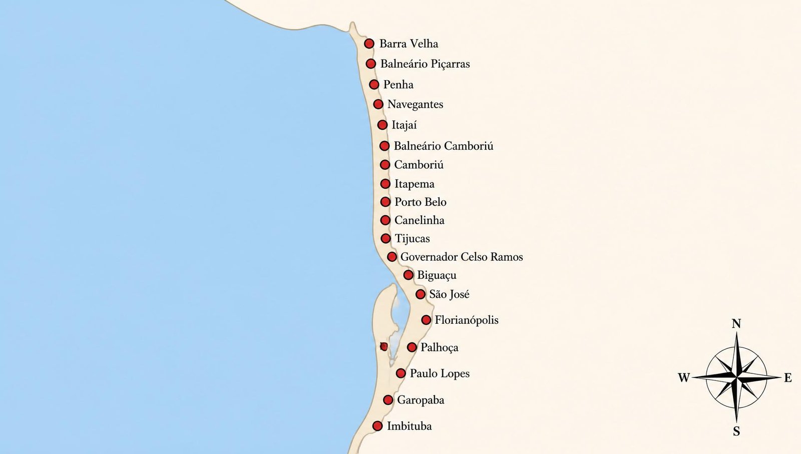 Mapa do litoral catarinense com as cidades atendidas pela SUED